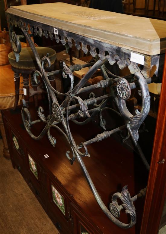 Wrought iron console table, with carved stone top